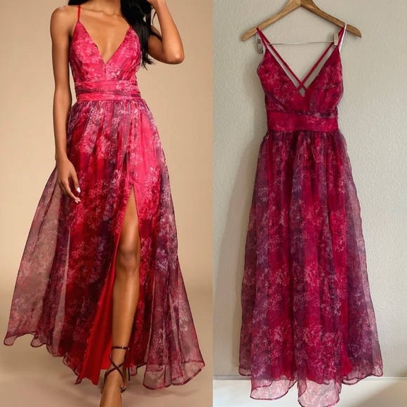 Romance That Wows Magenta Floral Print Organza Maxi Dress - Picture 1 of 8